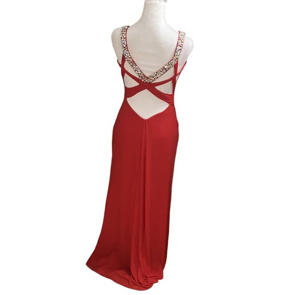 La Femme Red Evening Gown With Rhinestone Straps & Cutout Back Size 2 - Picture 3 of 6